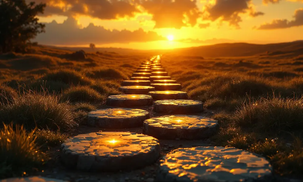 Cinematic pathway showing seven steps to spiritual freedom