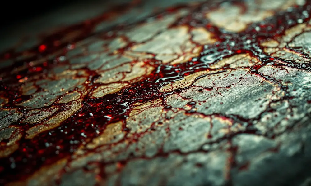 Close-up hyper-realistic view of blood flow patterns on the Shroud of Turin