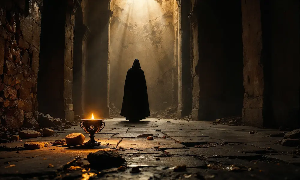 Cinematic symbolic image of apostasy turning from God’s light into shadow