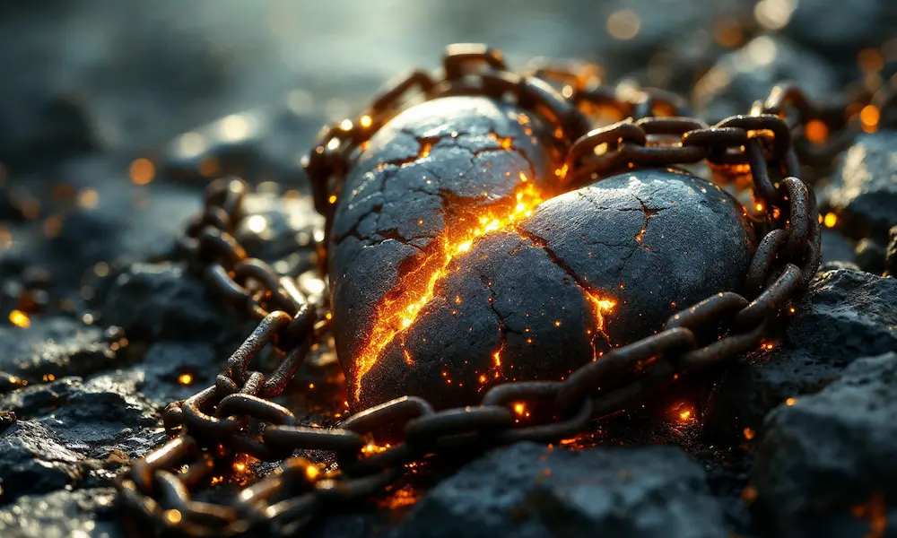 : Cinematic image of a chained heart representing persistent unforgiveness