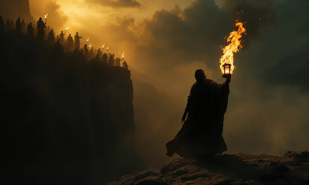 Cinematic symbolic image of a blindfolded leader guiding followers into danger