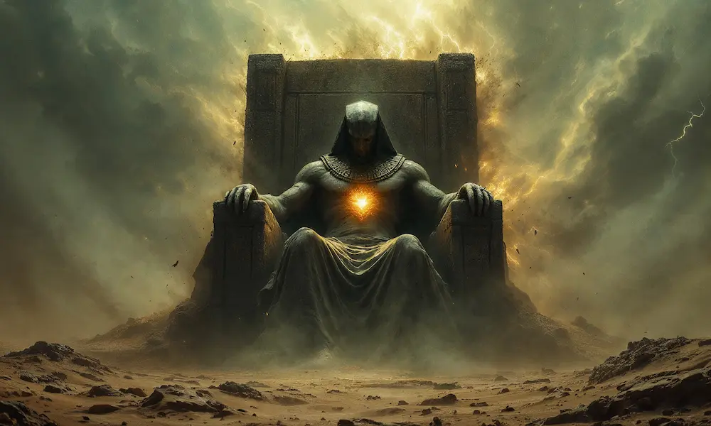 Cinematic symbolic image of hardened stone heart defying God