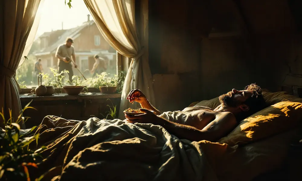 A man lying in bed while his house crumbles around him, overgrown with weeds.