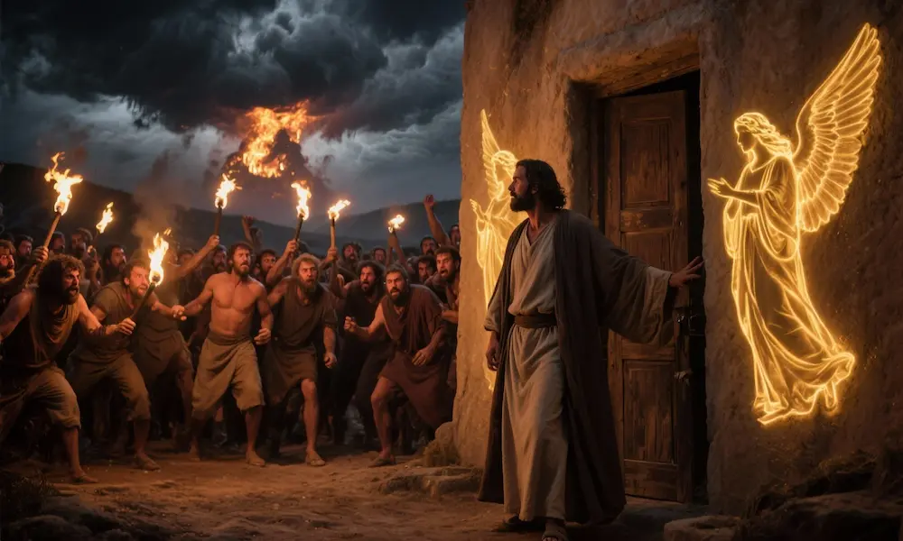The men of Sodom demanding access to Lot’s guests with wrathful lust.