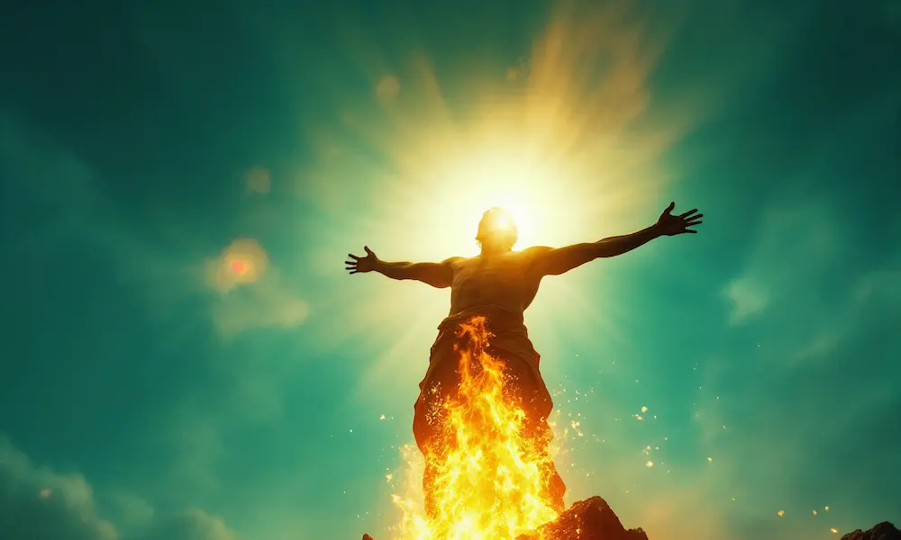 Man with arms outstretched in crucifixion pose experiencing spiritual fire during divine vision