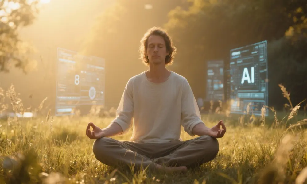 Person meditating in peaceful natural setting while digital screens and AI imagery fade into soft light