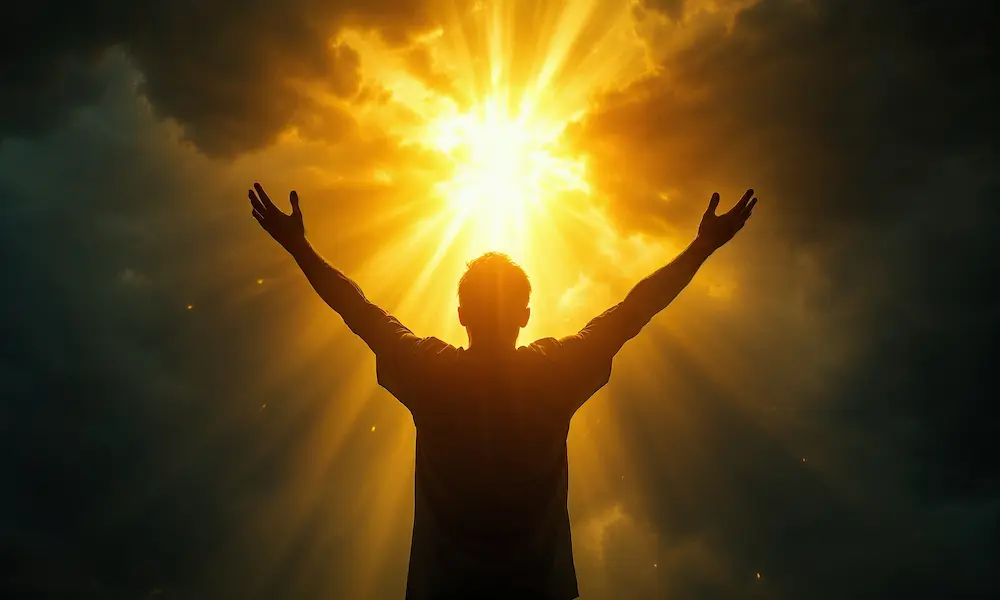 Person with raised arms in spiritual victory and worship on mountain top with divine light rays