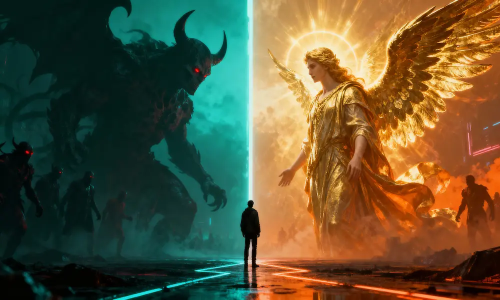 Spiritual warfare visualization showing battle between demonic shadows and angelic light forces