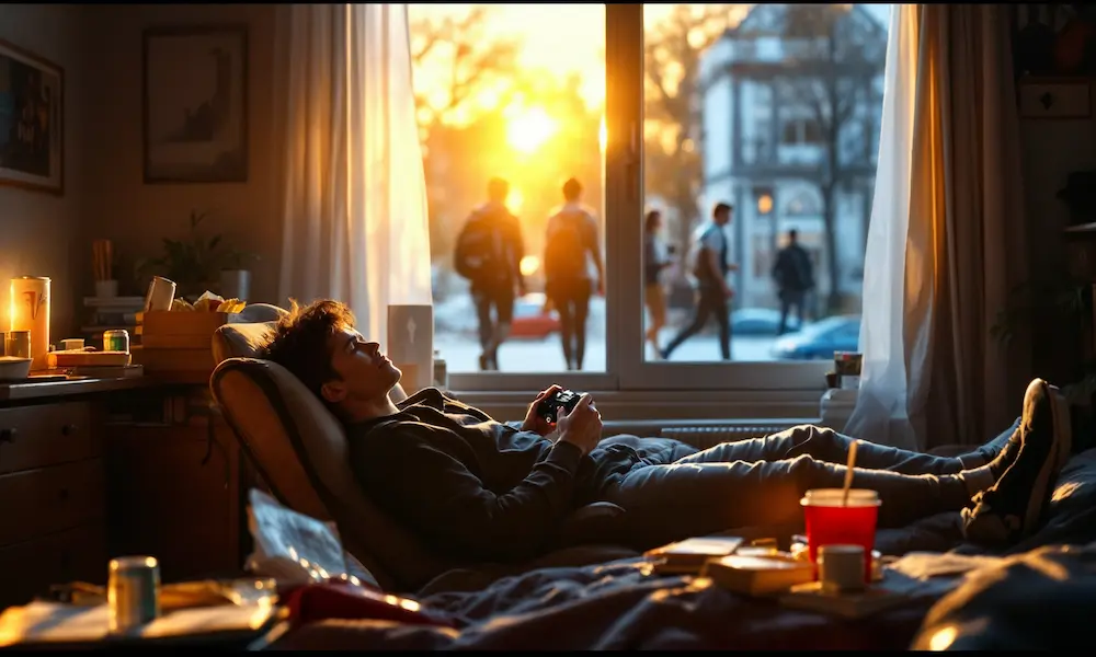 A college student surrounded by video games and junk food, textbooks unopened.