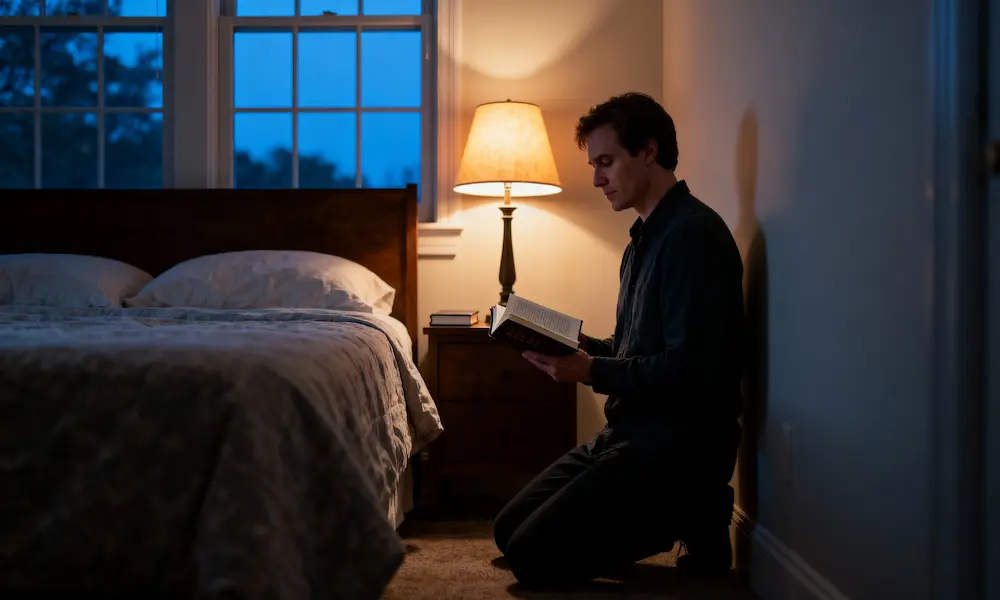 Person kneels beside bed with Bible and journal at blue hour, preparing for the week.
