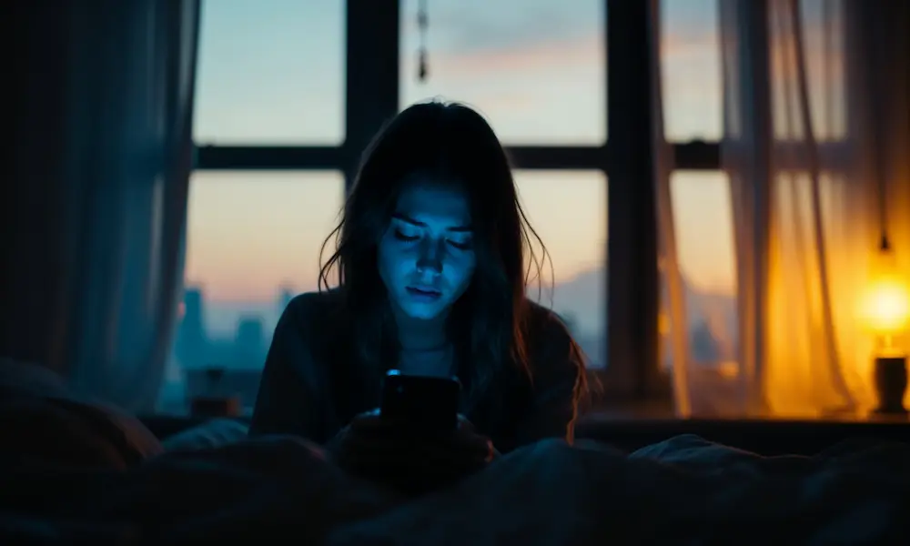 A teenage girl scrolling social media in darkness, face lit by phone, shadows of envy surrounding her.