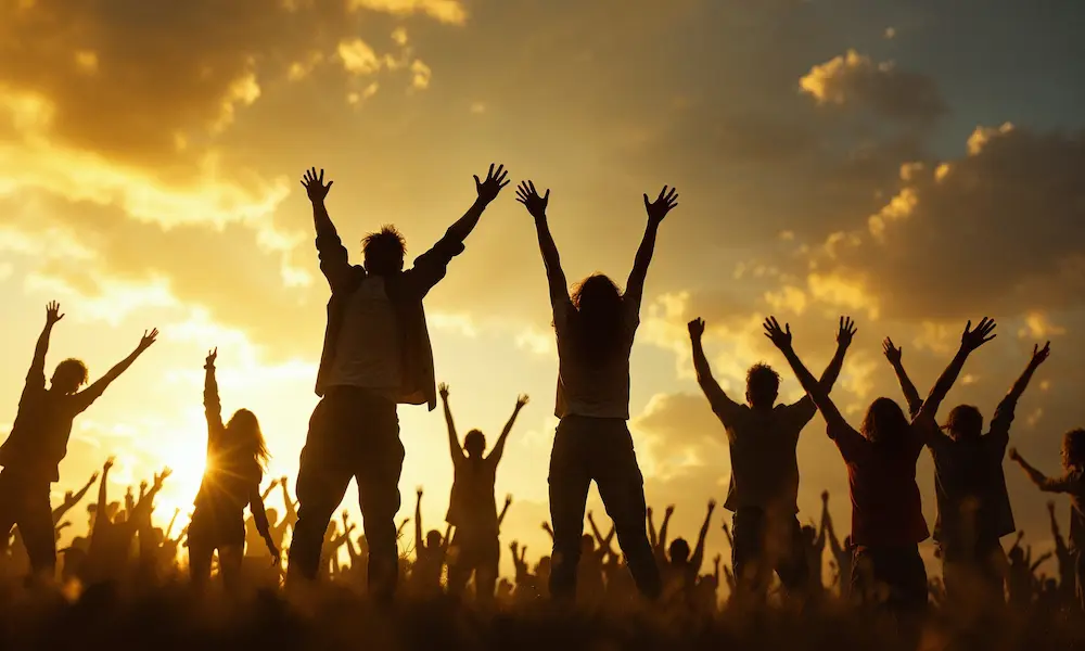 Cinematic image of people celebrating spiritual victory and freedom