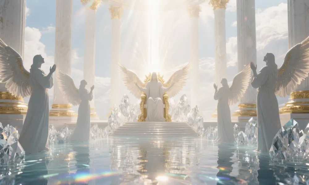 Glorious throne room of God with overwhelming divine light and seraphim in worship