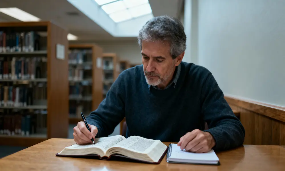 Person studies an open Bible and journals in a quiet library with soft daylight.