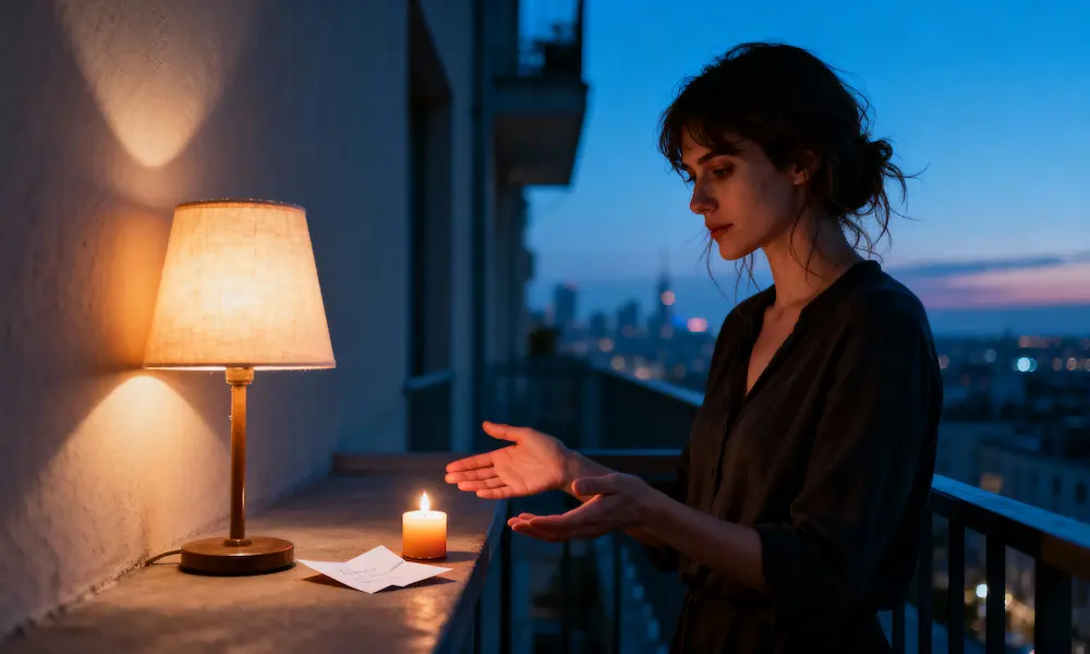 Woman prays on a balcony at blue hour, setting aside a folded note by a candle.