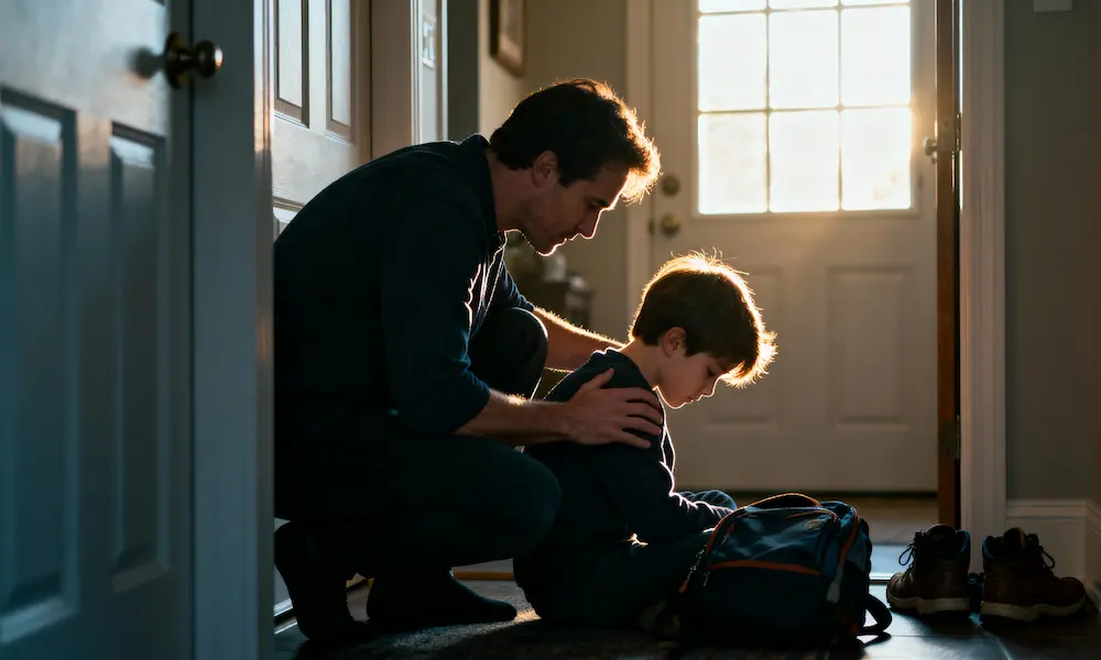 Parent prays with a child by the front door in warm morning light.