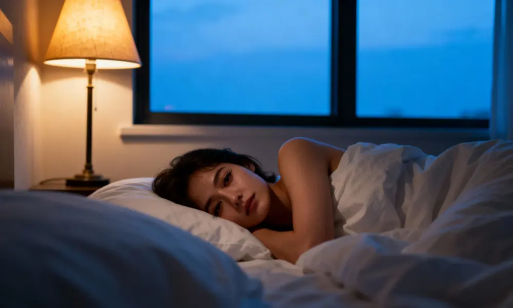 Peaceful rest under warm lamp with blue dusk at the window and soft linens.
