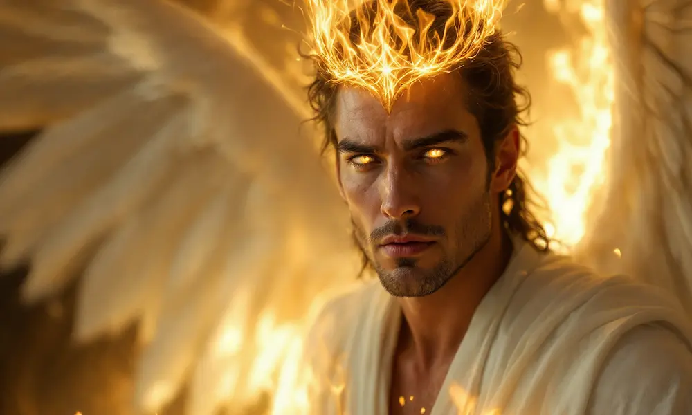 Majestic portrait of Lucifer, the fallen angel of Pride, glowing with radiant yet dangerous light.