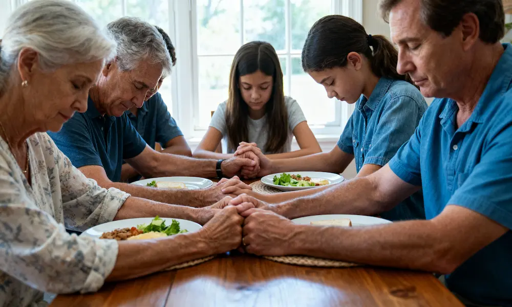 Multi-generational family holds hands in prayer around a Sunday dining table.