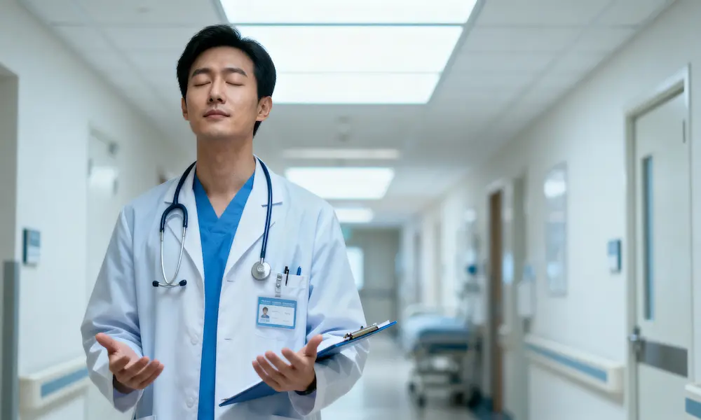 Healthcare professional pauses in a hospital corridor with eyes closed and open hands.