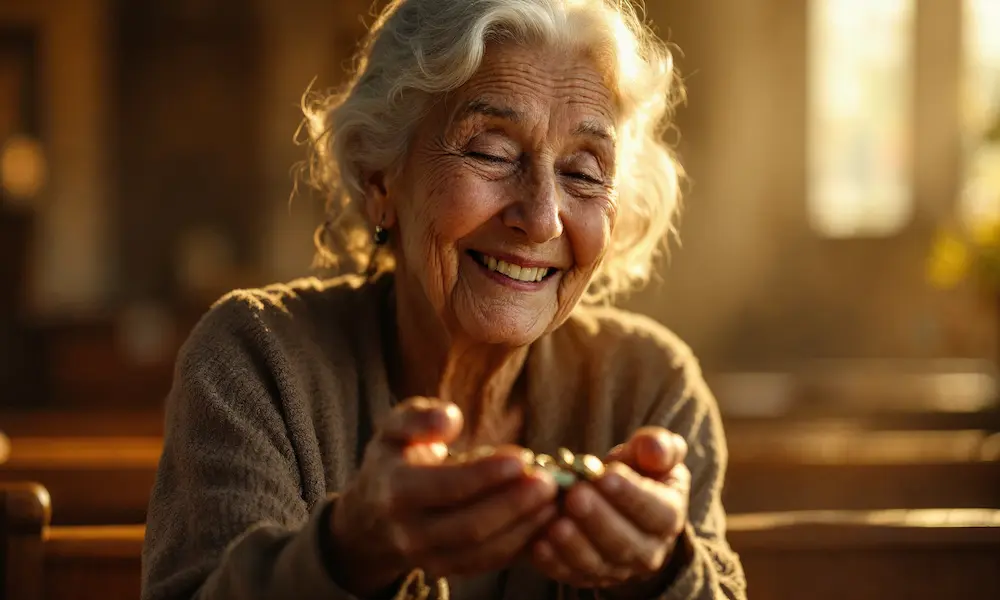 An elderly woman (Miriam) humbly placing a small offering into a church plate, with a radiant, joyful expression.