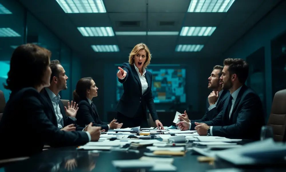 A woman shouting in a tense corporate meeting, colleagues in shock.