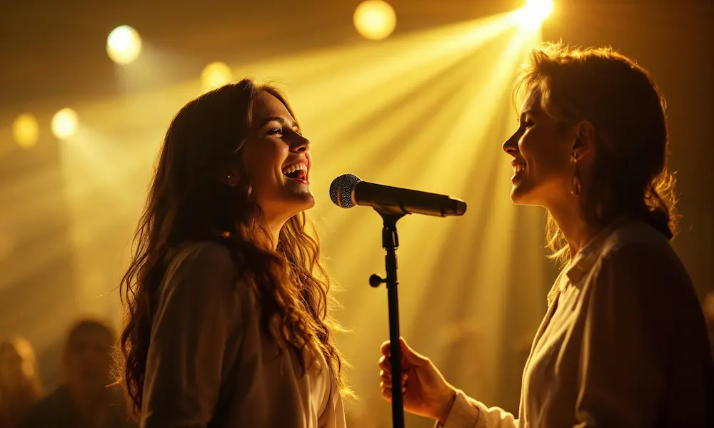 wo singers on stage, one joyful in worship, the other side-eyeing with envy.