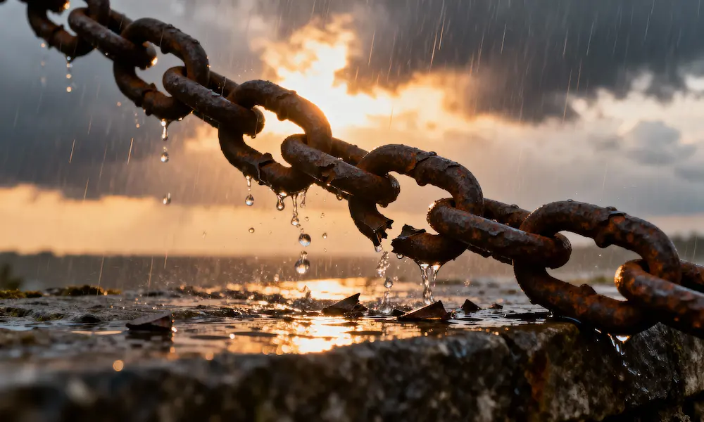 Broken chains falling to the ground symbolizing spiritual freedom and deliverance in Christ.