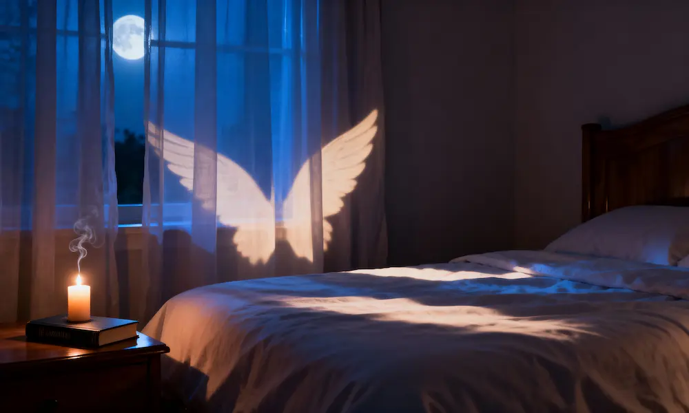 Moonlit bedroom with a soft wing-shaped shadow across the bed, symbolizing divine protection at night