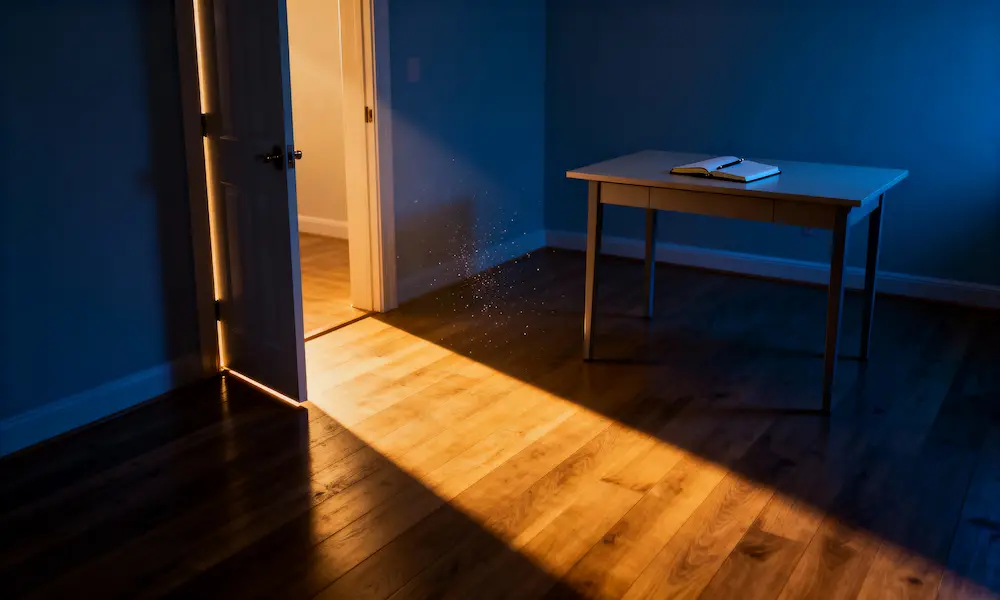 Open doorway with warm light flooding a desk, symbolizing financial breakthrough and new opportunities