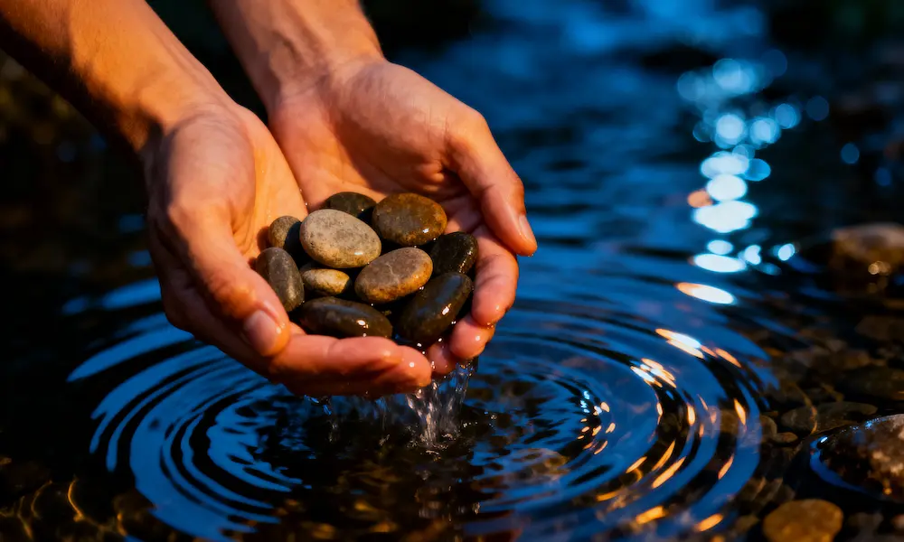 Open hands releasing small stones into a stream at night, symbolizing forgiveness and letting go