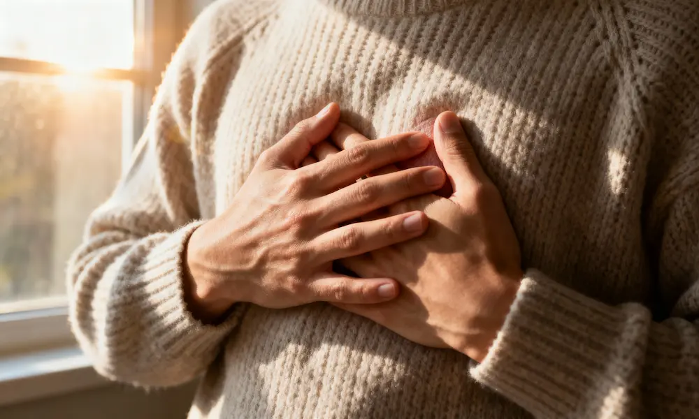 Close-up of hands resting over the heart in warm morning light, symbolizing healing in prayer
