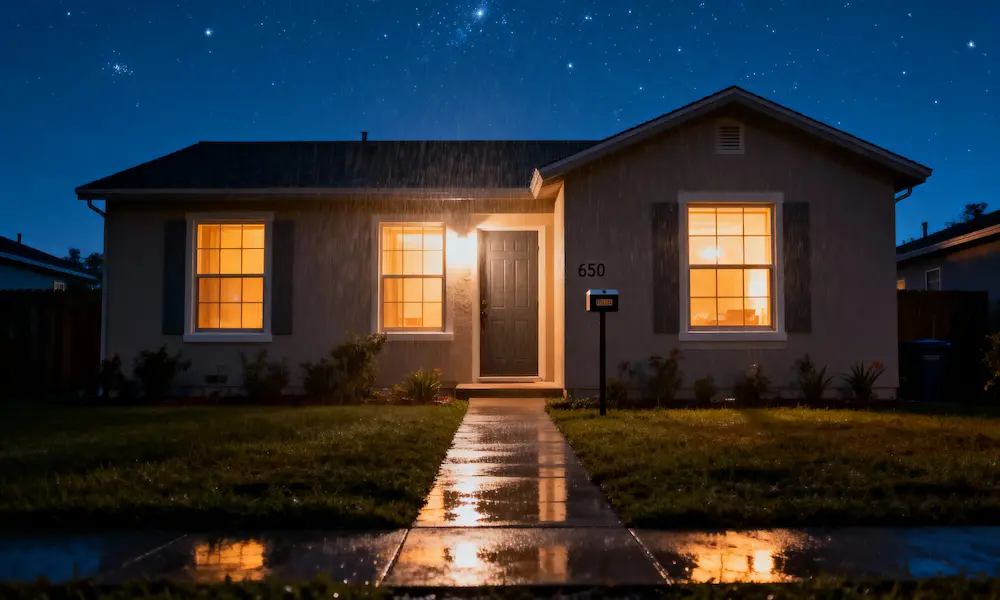 Warmly lit home at night under a starry sky, conveying peace and divine protection
