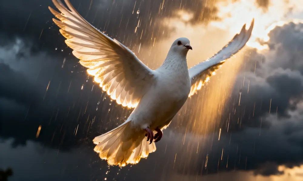 A dove flying upward into radiant light symbolizing breakthrough and divine peace.