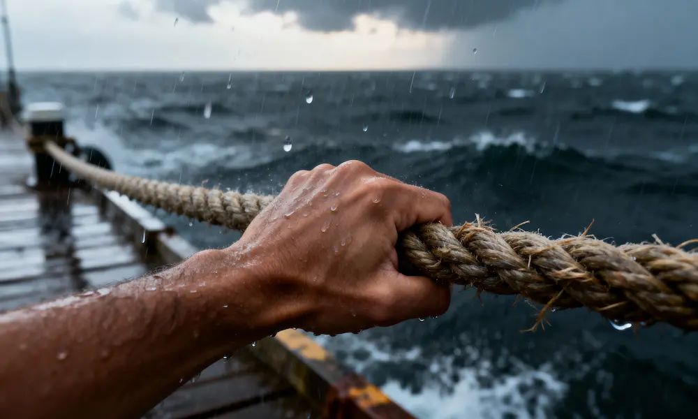 Close-up of a hand gripping a rope in a storm with ocean spray, symbolizing strength in adversity