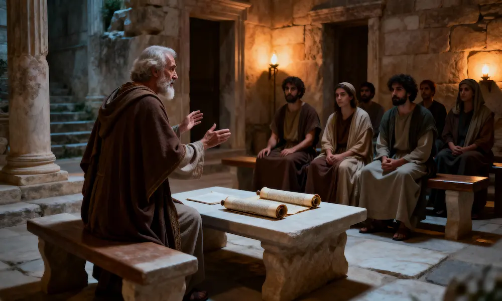 Elder teacher with scrolls in an early house church in Ephesus, symbolizing John’s long faithful witness and legacy