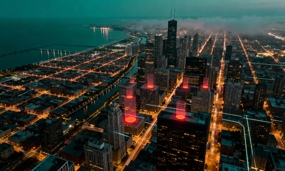 Photorealistic aerial view of Chicago at dusk with conceptual predictive policing hotspot overlays and patrol paths