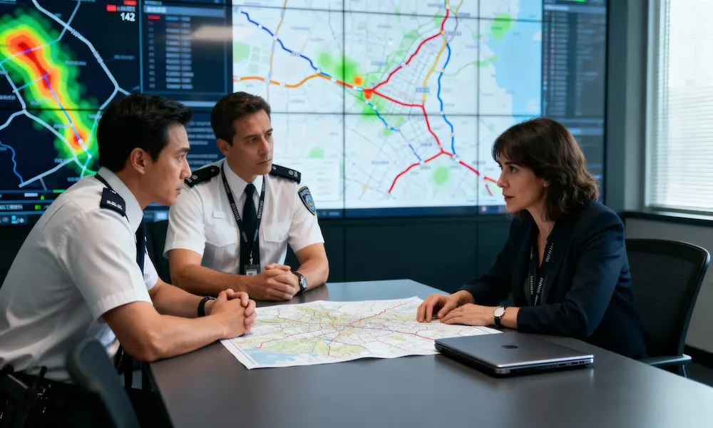 Photoreal police operations room with conceptual heatmap display and team planning resource deployment for predictive policing