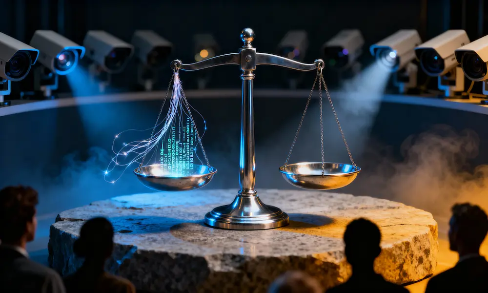 Photoreal scales of justice subtly pulled by glowing code-like threads with CCTV lenses and community silhouettes, symbolizing bias and surveillance in AI policing