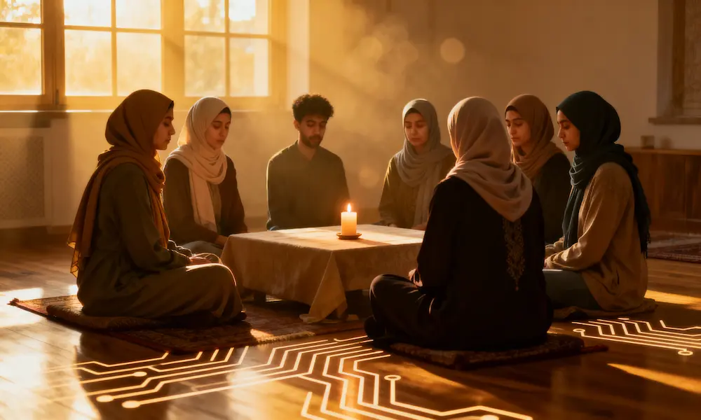 Photoreal interfaith circle discussing AI ethics with subtle circuit-like light patterns symbolizing technology meeting moral perspectives