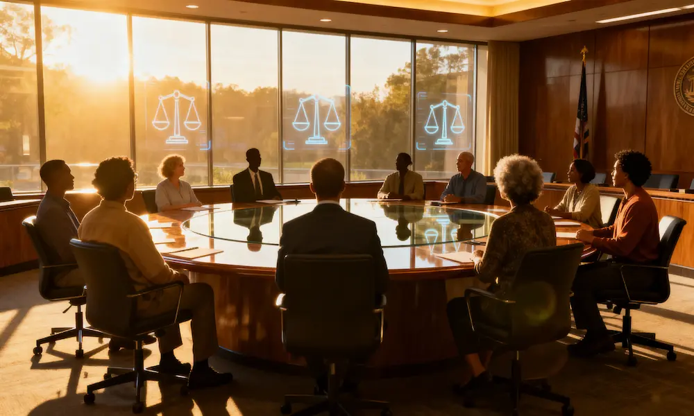Photoreal roundtable of diverse community members with police and technologist, soft projected icons for transparency, privacy, and accountability