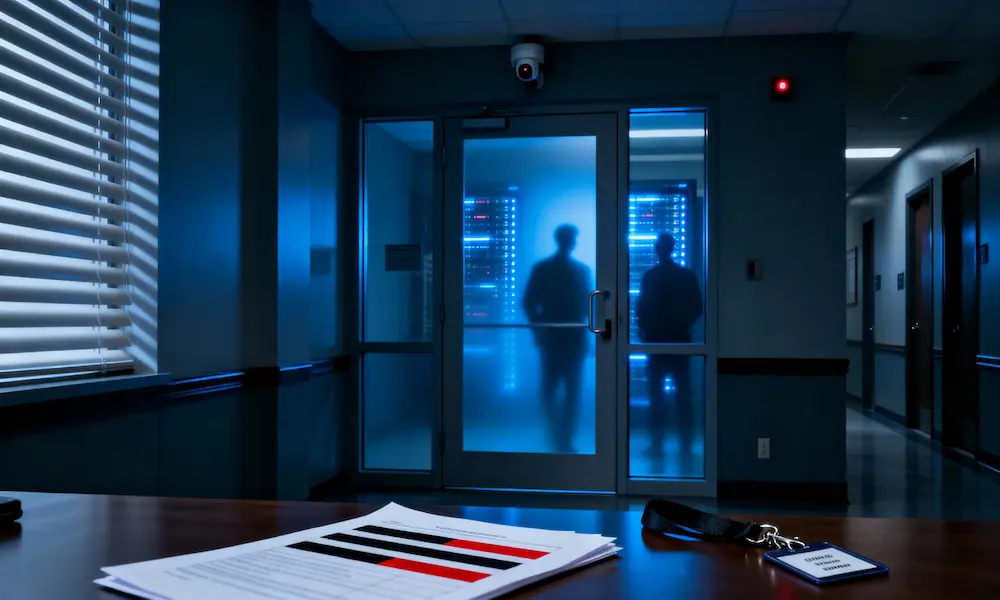 Photoreal moody government corridor with frosted glass, redacted documents, and server glow symbolizing secrecy around AI use in policing