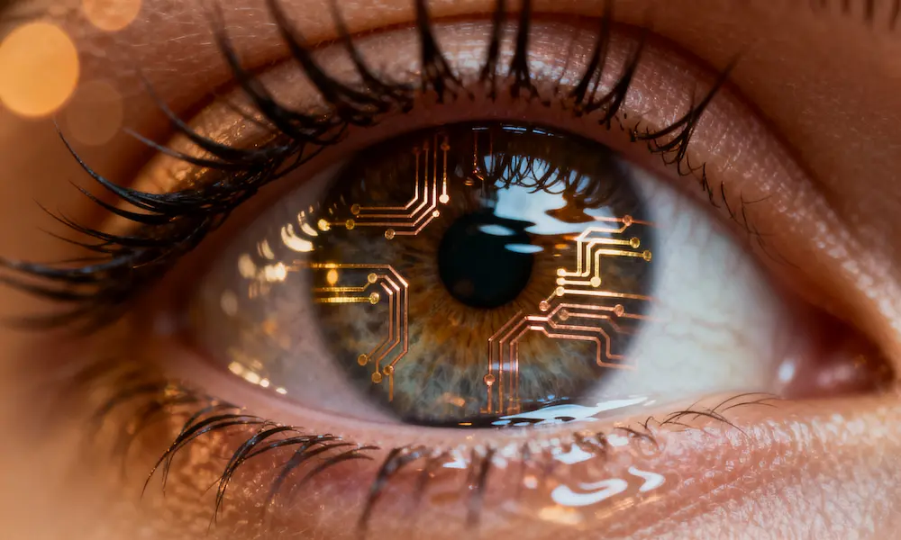 Photographic double-exposure of a human eye with circuit traces and water ripple reflections symbolizing the evolution from sci‑fi precognition to AI prediction