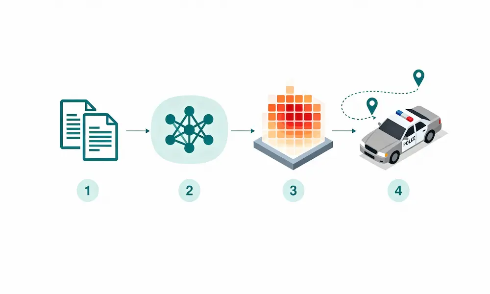Minimal infographic of the predictive policing pipeline from data inputs to model to heatmap forecasts and patrol allocation