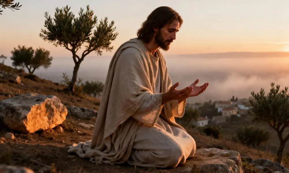 Jesus praying alone in a quiet place, modelled as Luke emphasizes