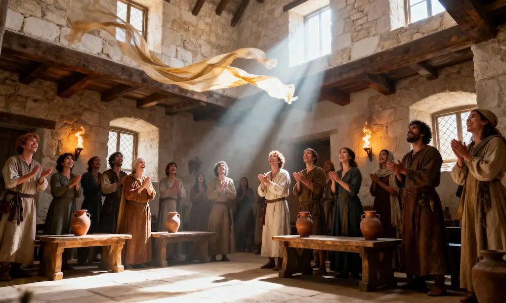Cinematic depiction of the Holy Spirit empowering believers at Pentecost in Acts