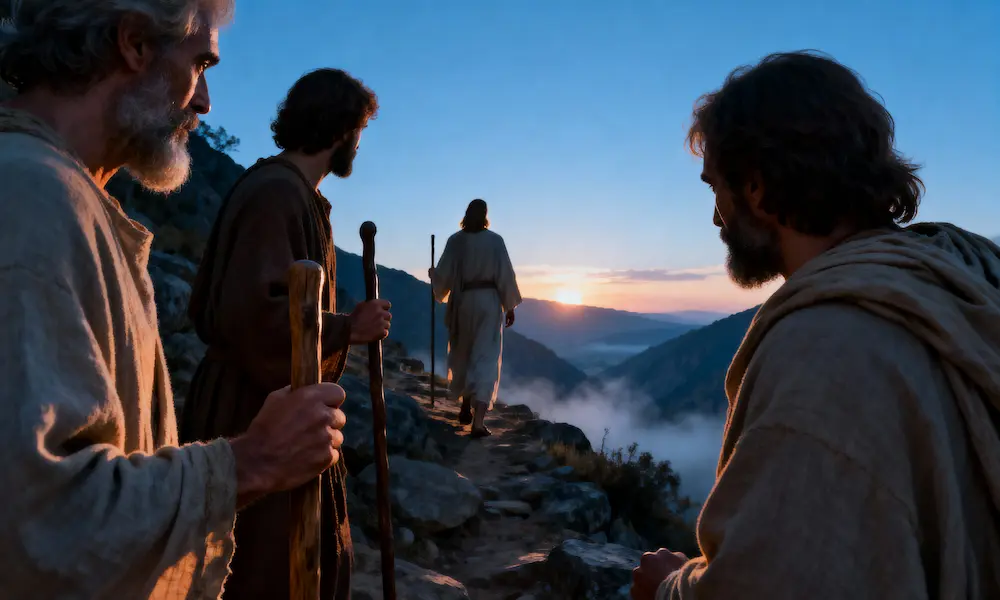 Three disciples ascending a rugged mountain path at dawn, symbolizing Peter, James, and John as Jesus’ inner circle