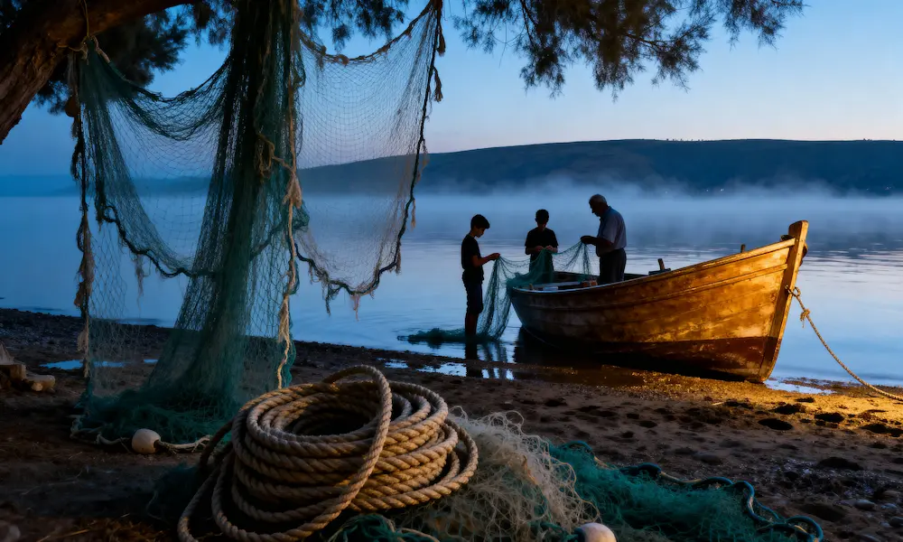 Pre-dawn Sea of Galilee with wooden boat and torn fishing nets symbolizing John’s working-class life as a fisherman