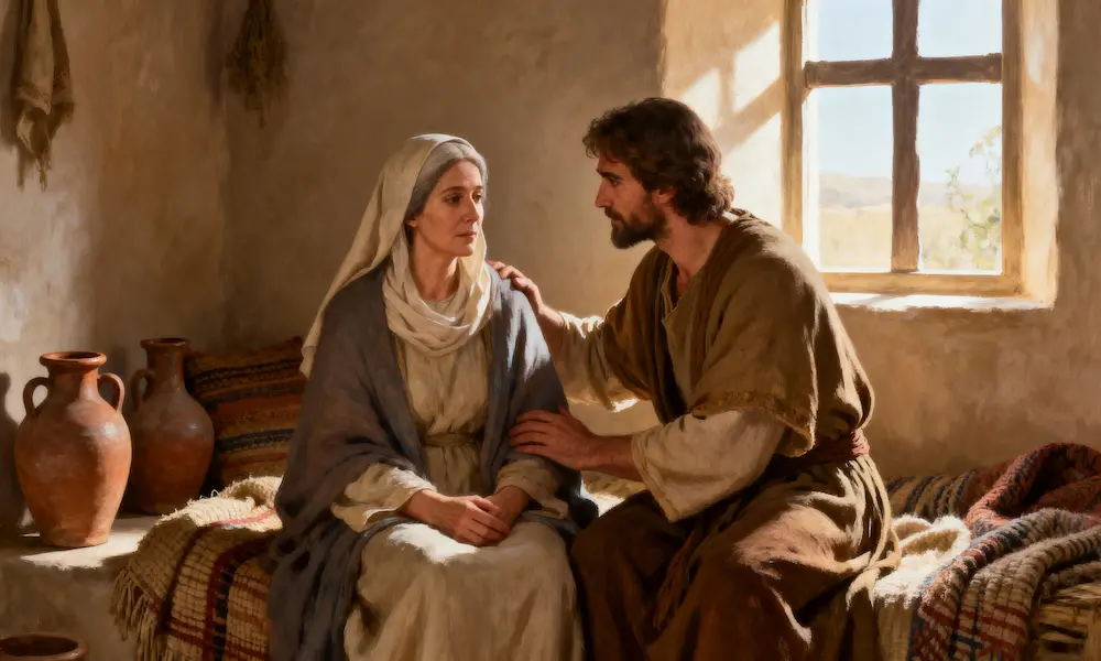 Compassionate scene of Mary living with John in a simple first-century home, symbolizing Jesus’ trust and spiritual family