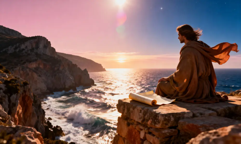 Rocky island of Patmos with solitary figure and open scroll, symbolizing John’s exile and the Revelation he received